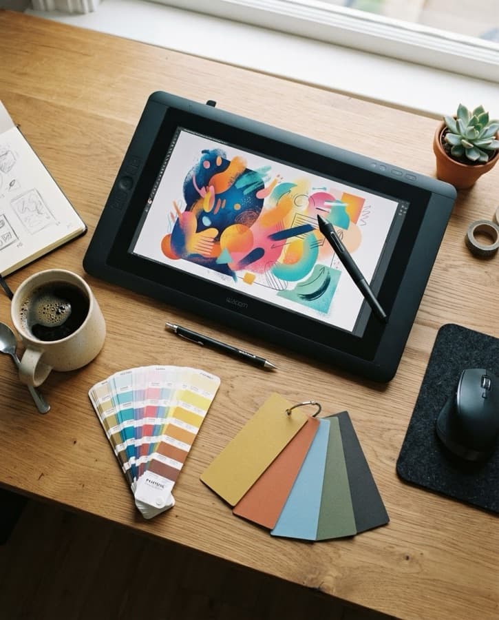 A designer's desk with a drawing tablet, colour swatches and coffee