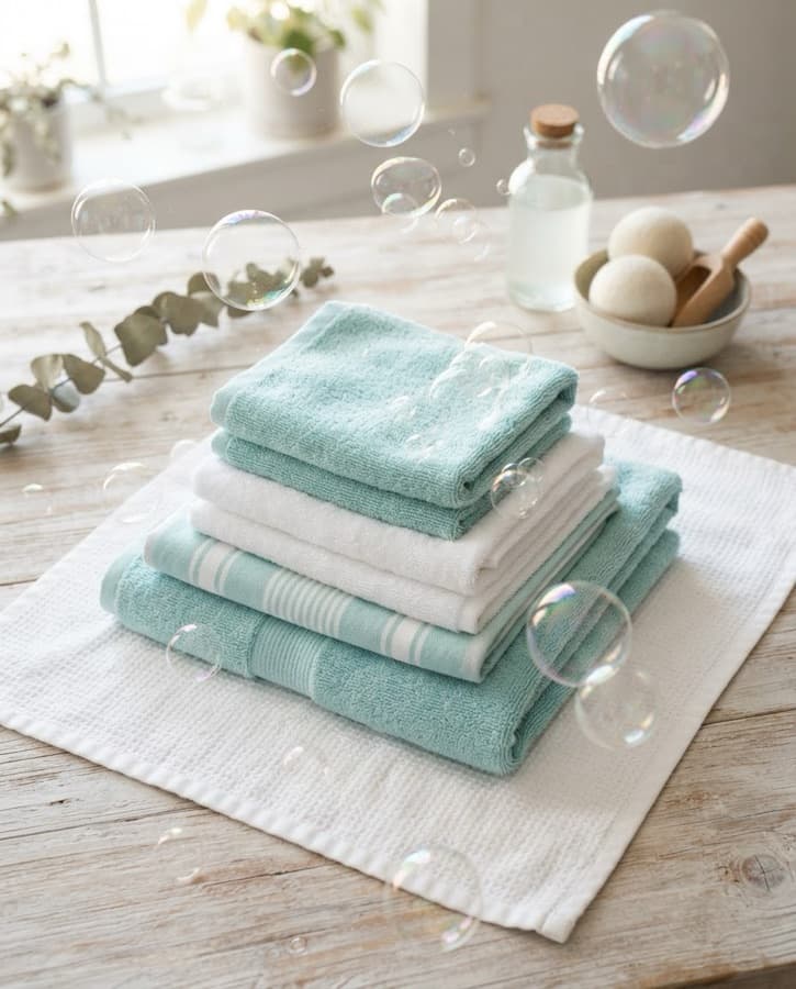 Folded aqua and white towels with soap bubbles