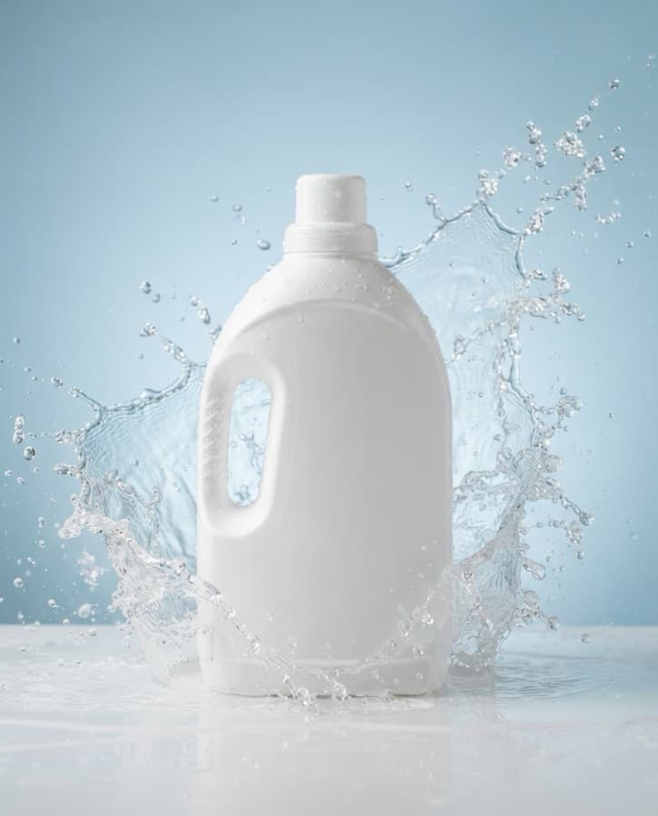 A white detergent bottle in a water splash on a pale blue background