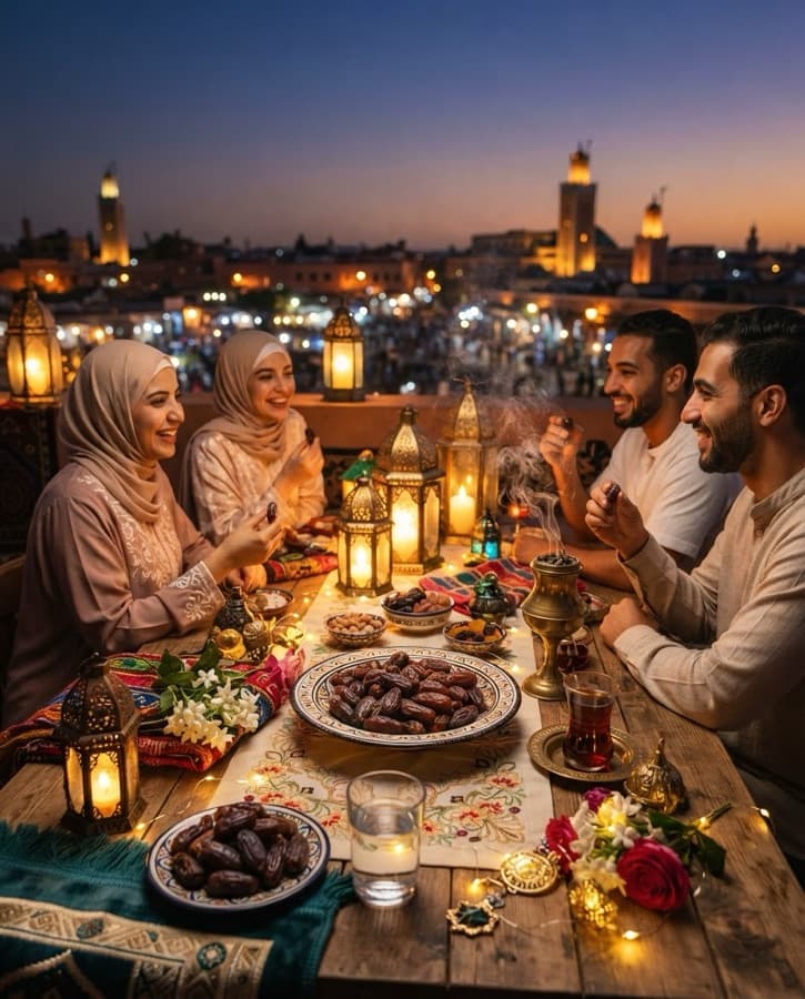 Friends sharing dates by lantern light at dusk