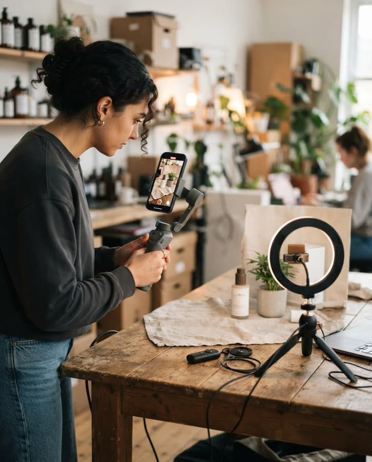 A woman filming a product on a gimbal next to a ring light