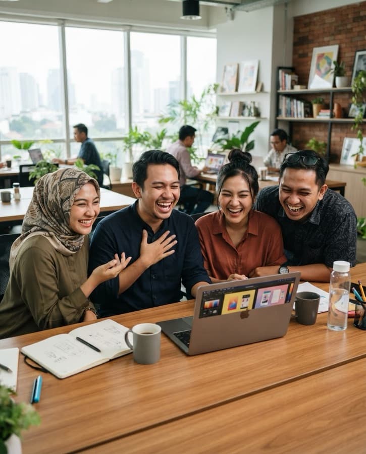 Four colleagues laughing around a laptop in a bright office